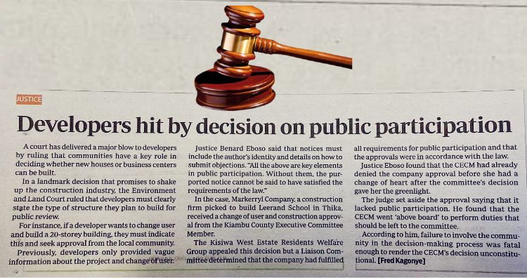Court ruling impacts developers following public participation challenges in Nairobi.